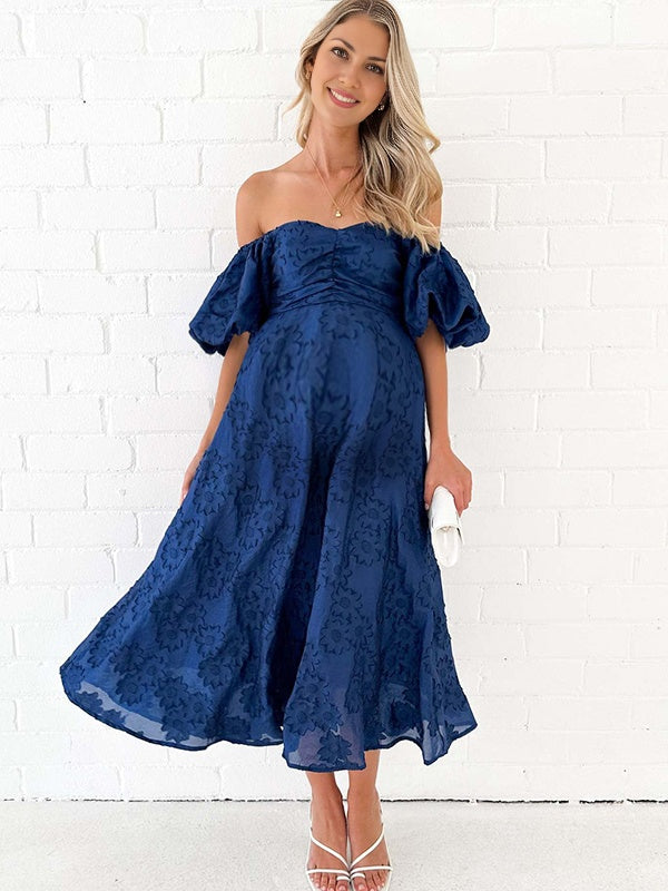 Robe longue grossesse imprimé fleurie épaule dénudée bleu marine