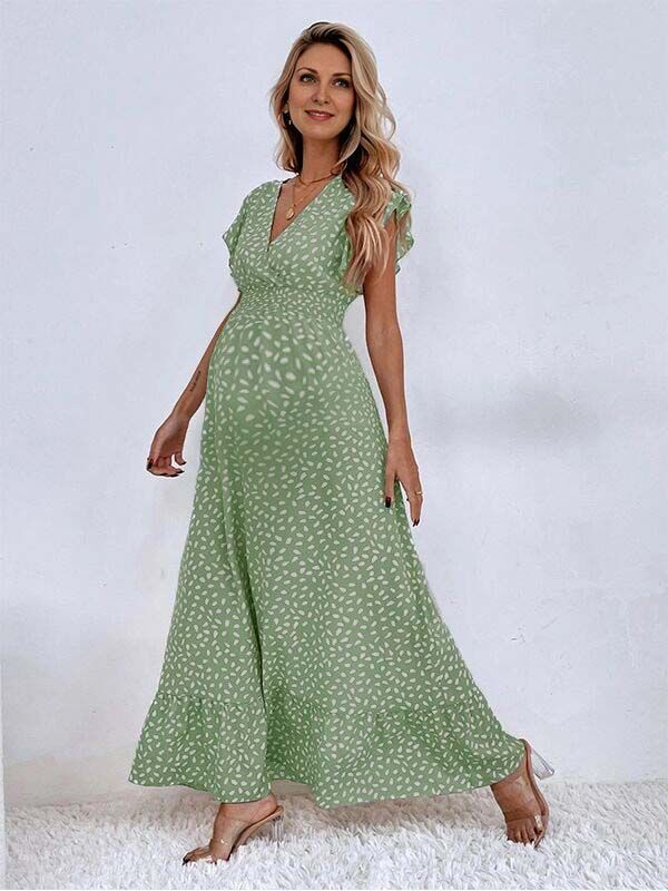 Robes longue grossesse volants fleurie vert clair