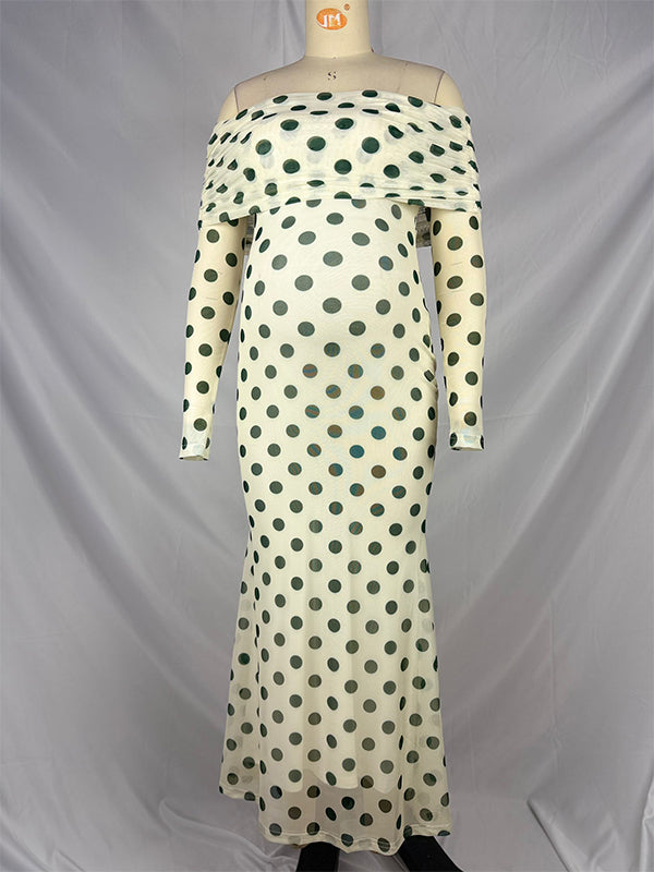 Robe longue grossesse pois épaule dénudée moulante blanche