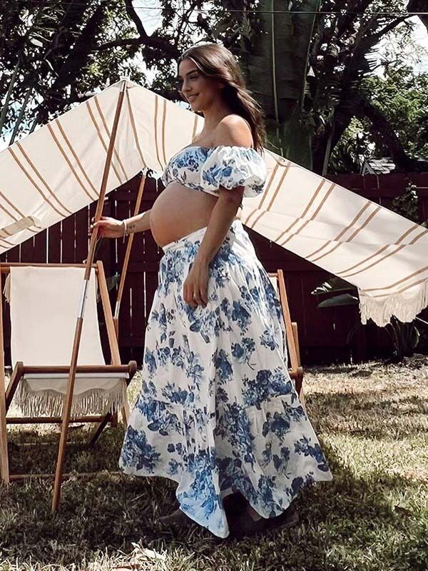 Beaumama robes photo longue grossesse élégant chic imprimé fleurie épaule dénudée fluide trapèze 2 pièces femme enceinte