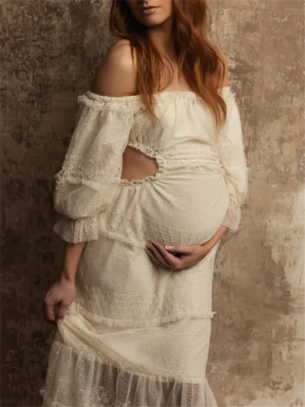 Beaumama robes longue grossesse tulle dentelle transparent découpe frange col bateau enceinte shooting femme enceinte