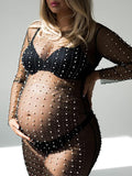Beaumama robes photo longue grossesse élégant perle brillante fente au dos tulle transparent moulante femme enceinte