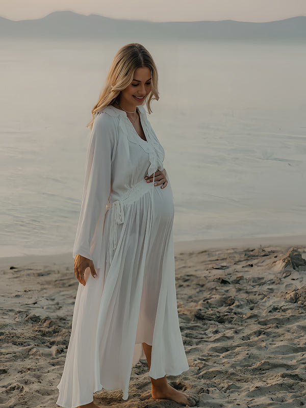 Beaumama robe longue grossesse volants ceinture femme enceinte blanche