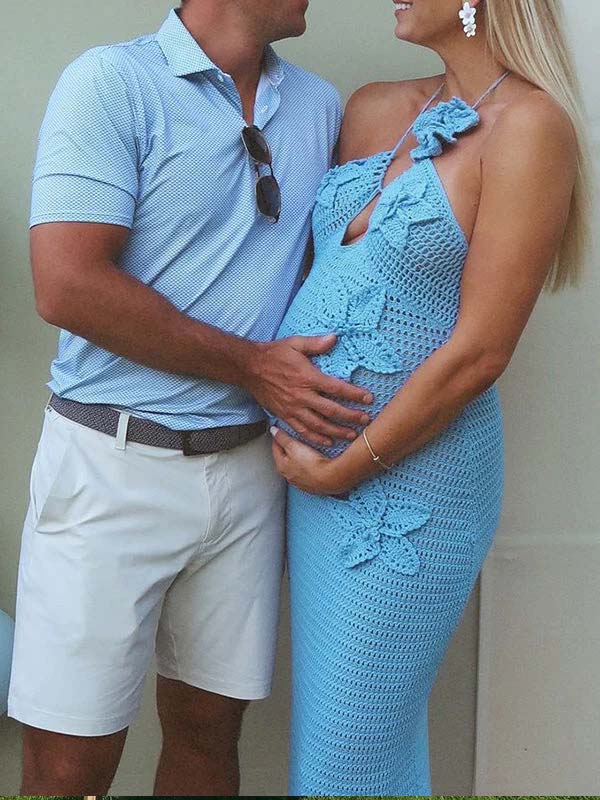 Beaumama robe babyshower longue grossesse vacances chic crochet tricot fleurie dos nu licou femme enceinte