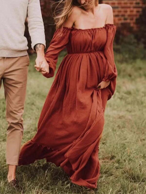 Beaumama robe shooting grossesse longue bohème fendu le côté queue orange épaules dénudées femme enceinte