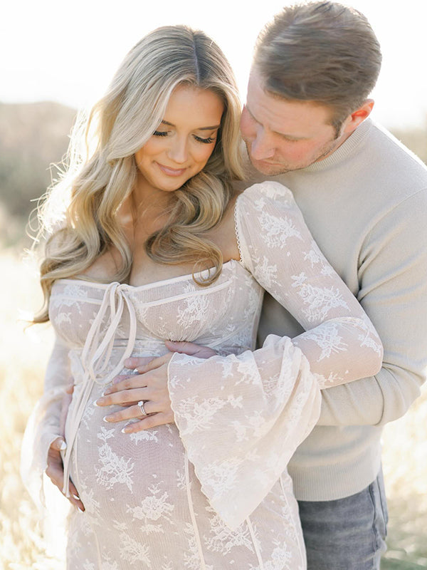 Beaumama robes longue grossesse cocktail cérémonie dentelle tulle fluide manches trompette femme enceinte
