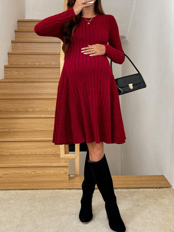 Beaumama robes mi-longue grossesse élégant travail crochet tricot trapèze rayé femme enceinte