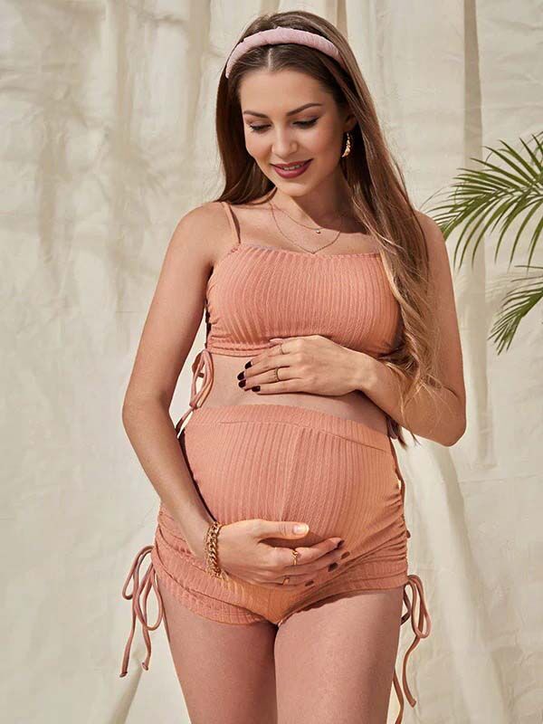 Beaumama maillot de bain deux pièces grossesse rayé coulisse taille plage bikini femme enceinte