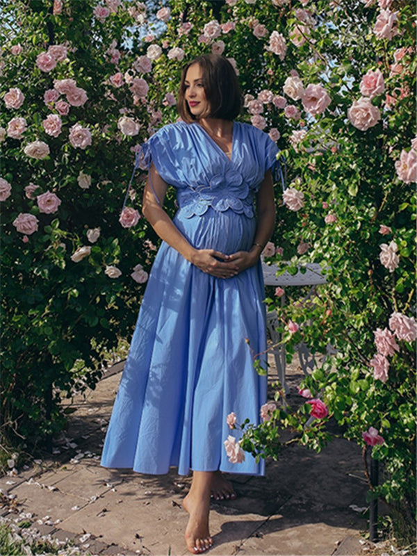 Beaumama robe longue grossesse élégant vacances applique fleur coulisse taille dos nu trapèze fluide enceinte shooting femme enceinte