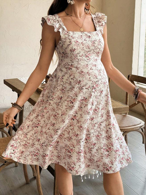 Beaumama robe décontracté courte grossesse vacances imprimé fleurie volants croisé dos trapèze femme enceinte