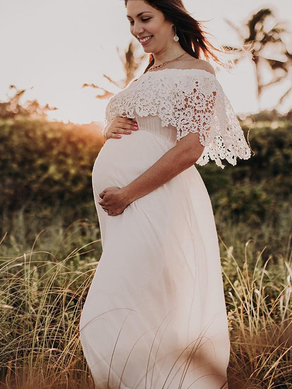 Beaumama robes longue grossesse dentelle volants col bateau robes de séance photo femme enceinte
