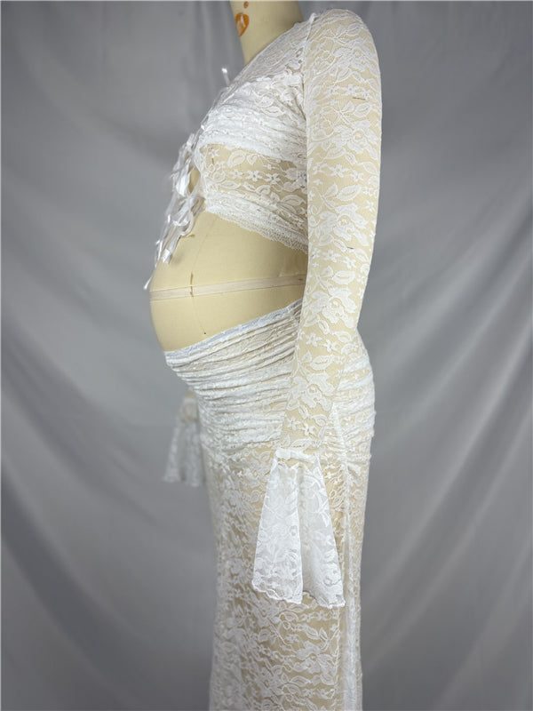 Beaumama robes photo longue grossesse élégant costume deux pièces dentelle nœud papillon femme enceinte