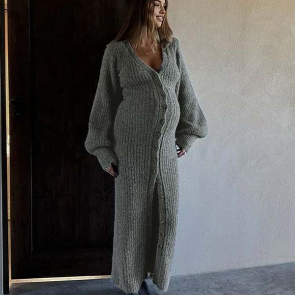 Beaumama robe pulls longue grossesse casual chic crochet tricot boutonnage manchon de lanterne femme enceinte