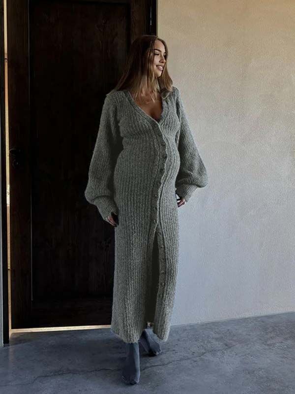 Beaumama robe pulls longue grossesse casual chic crochet tricot boutonnage manchon de lanterne femme enceinte