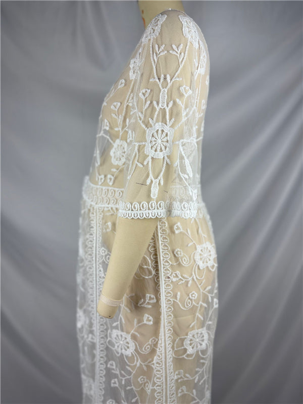 Beaumama robes photo mi-longue grossesse bohème dentelle transparent fente avant bord ondulé femme enceinte