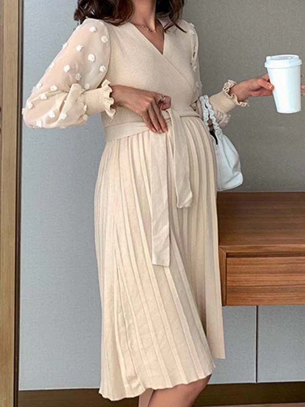 Beaumama robes pulls mi-longue grossesse allaitement pois plissé tulle manches longues femme enceinte