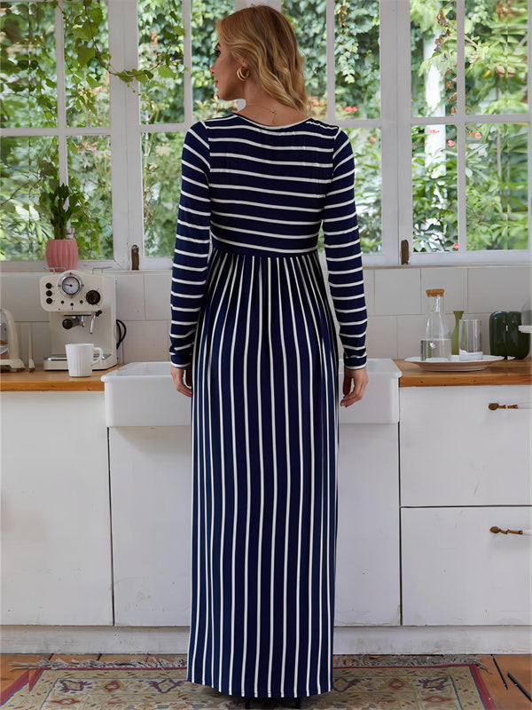 Beaumama robes longue grossesse rayé col rond robes manches longues femme enceinte