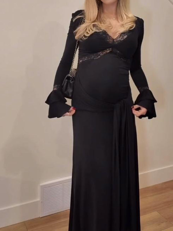 Beaumama robe longue grossesse élégant cocktail dentelle épissage volants fluide femme enceinte