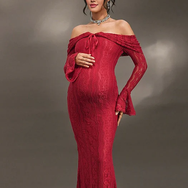 Beaumama robe shooting longue grossesse élégant chic dentelle épaule dénudée volants sirene femme enceinte