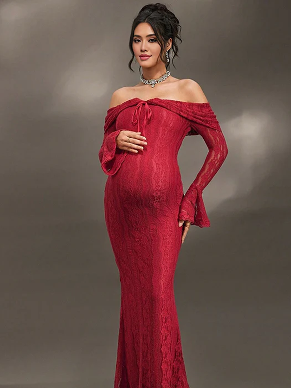 Beaumama robe shooting longue grossesse élégant chic dentelle épaule dénudée volants sirene femme enceinte