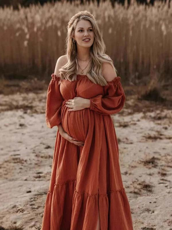 Beaumama robe shooting grossesse longue bohème fendu le côté queue orange épaules dénudées femme enceinte