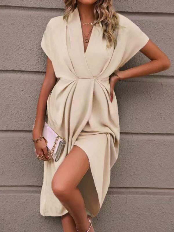 Robe mi-longue grossesse plissé fendu le côté irrégulier beige