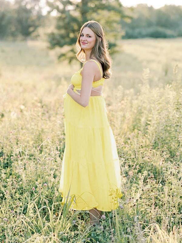 Robe photo longue grossesse coulisse taille dos nu volants fluide trapèze jaune