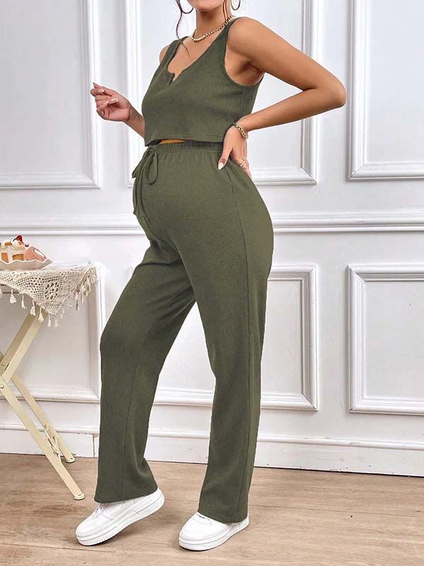 Beaumama pantalon débardeur grossesse coulisse taille 2 pièces casual basique femme enceinte
