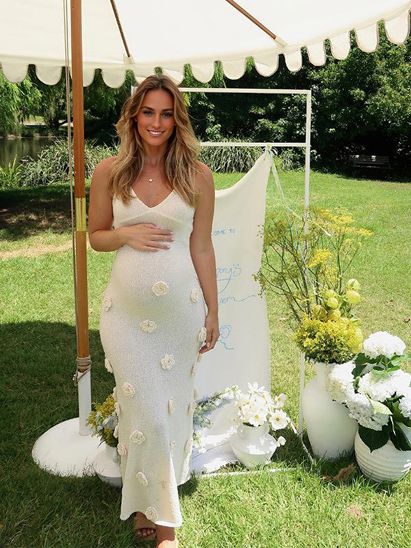 Beaumama robe longue de grossesse babyshower sirène moulante dos croisé ornée de fleurs 3D pour femme enceinte