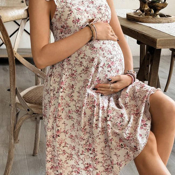 Beaumama robe décontracté courte grossesse vacances imprimé fleurie volants croisé dos trapèze femme enceinte