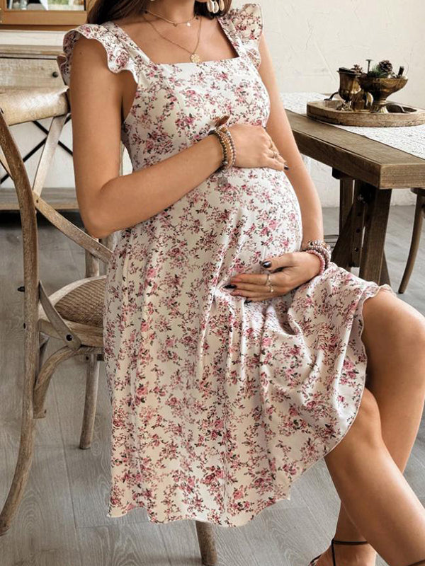 Beaumama robe décontracté courte grossesse vacances imprimé fleurie volants croisé dos trapèze femme enceinte