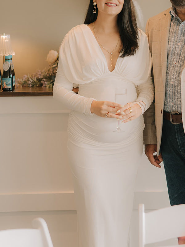 Beaumama robe longue de grossesse shooting moulante plissé décolleté plongeant tenue babyshower femme enceinte