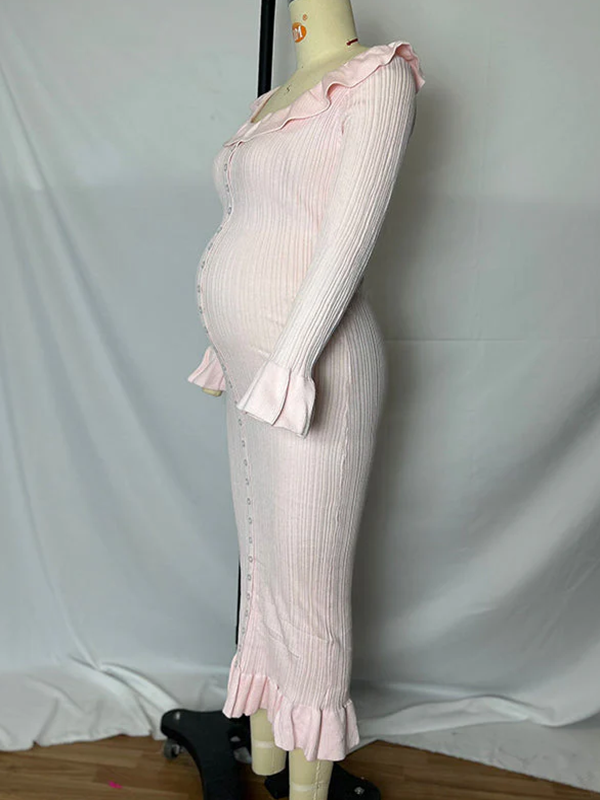 Beaumama robes mi-longue grossesse élégant casual boutonnage volants moulante cérémonie femme enceinte
