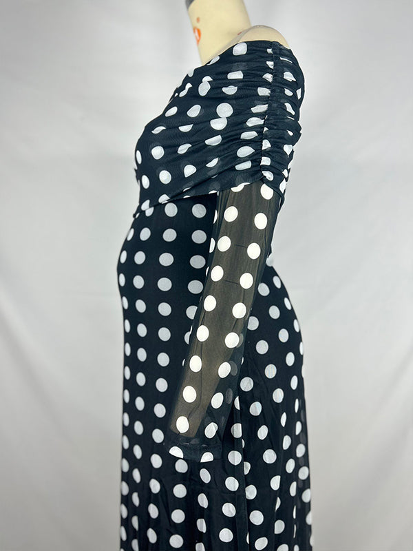 Beaumama robe longue de maternité élégante moulante à pois et épaules dénudées vintage