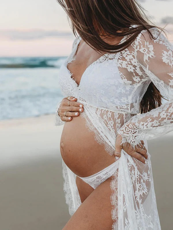 Beaumama robe longue de grossesse dentelle pour photo fente avant baby shower femme enceinte