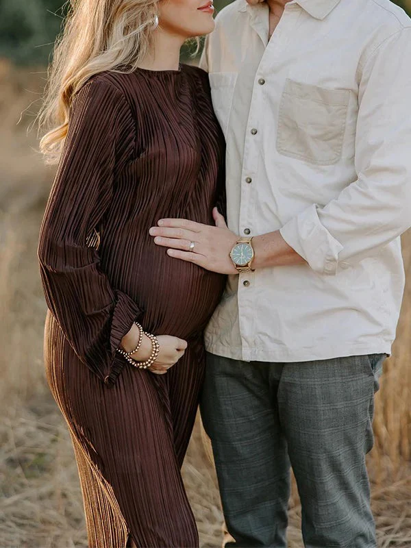 Beaumama robe photo longue grossesse ceinture plissé col rond manches trompette élégant femme enceinte