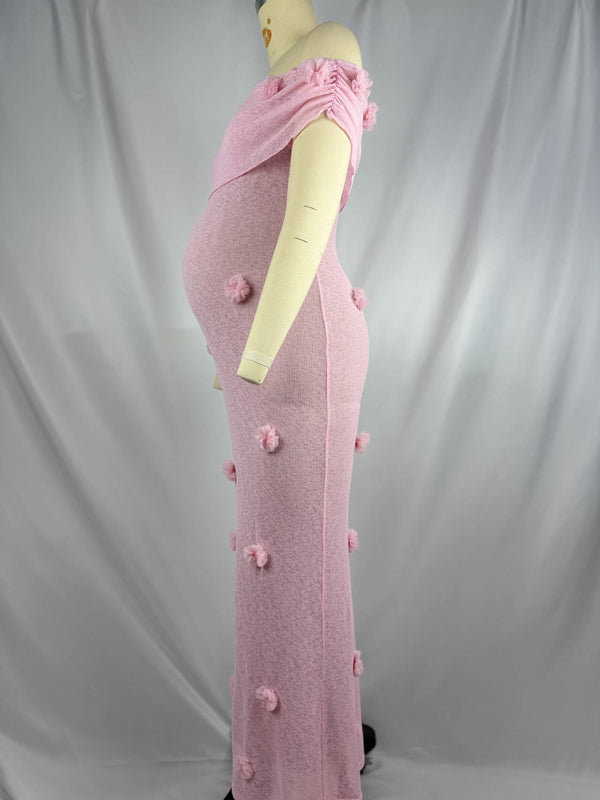 Beaumama robe longue grossesse cérémonie chic babyshower épaule dénudée tulle 3D fleurie photo moulante femme enceinte