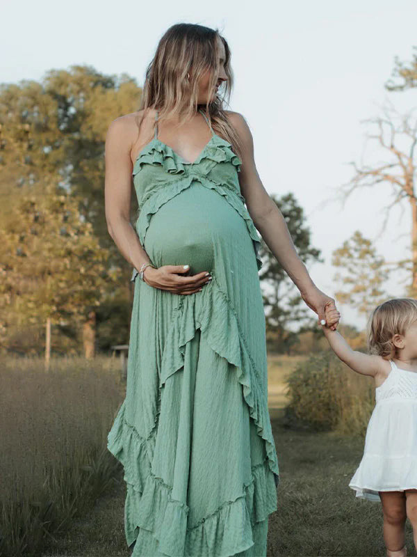 Beaumama robe longue de maternité fluide et élégante à volants verts strap shooting