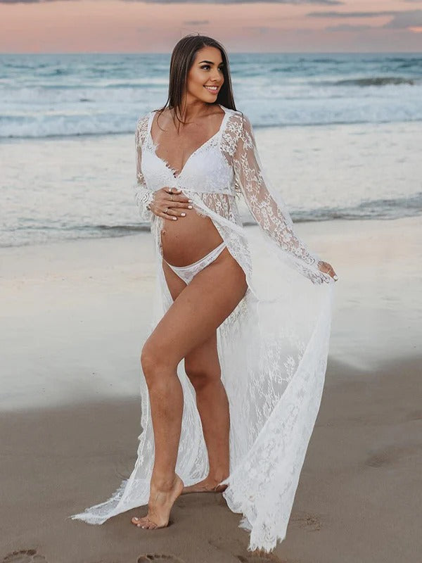 Beaumama robe longue de grossesse dentelle pour photo fente avant baby shower femme enceinte