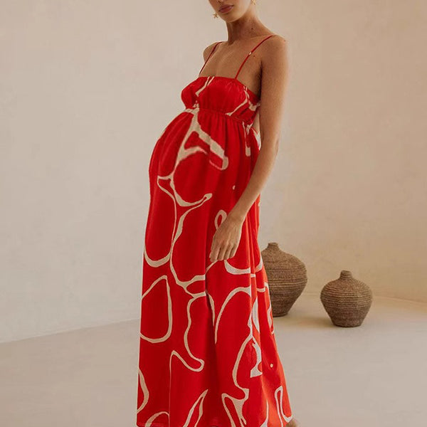 Beaumama robe longue grossesse imprimé fleurie spaghettiträger fluide rouge