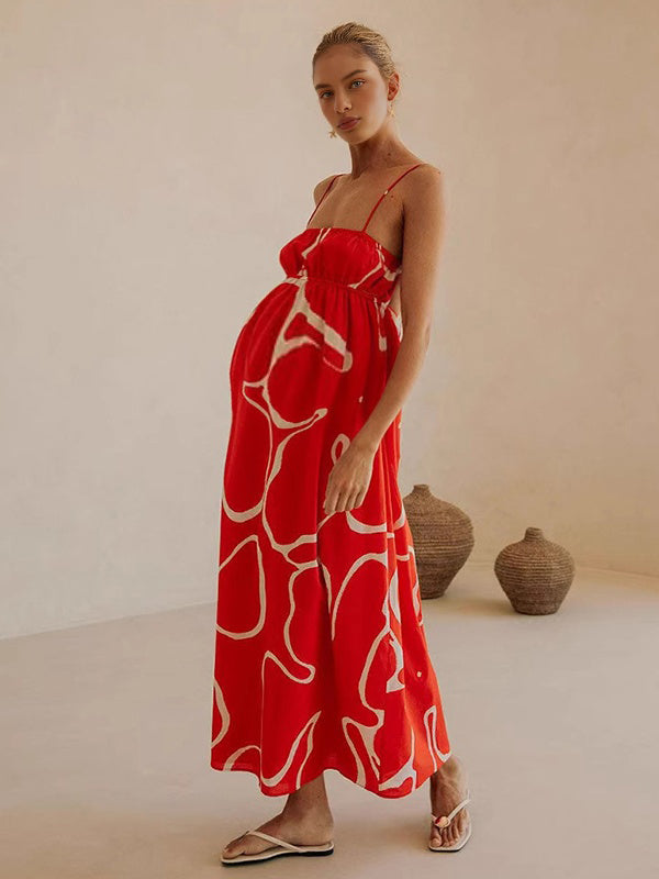 Beaumama robe longue grossesse imprimé fleurie spaghettiträger fluide rouge