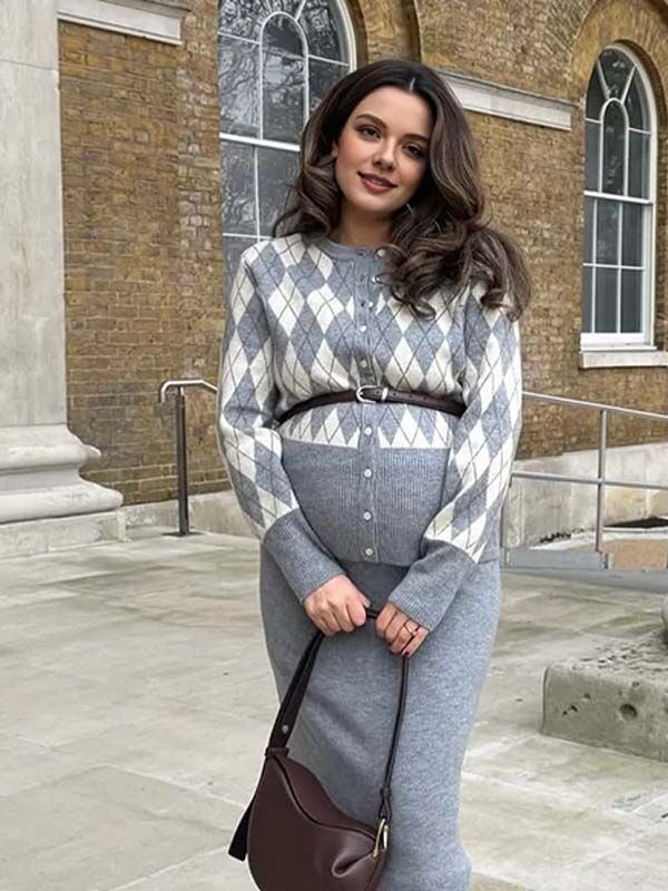 Beaumama gilets en maille jupes 2 pièces grossesse élégant travail motif en losange ceinture couleur bloc femme enceinte