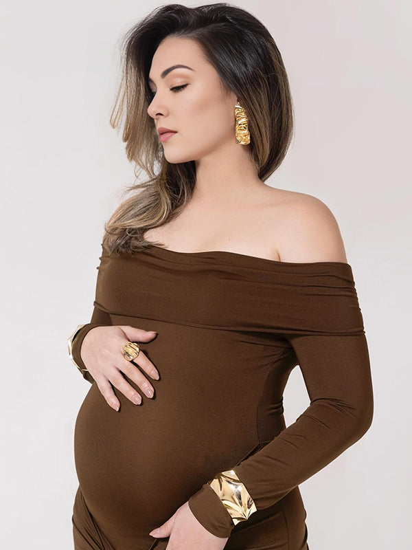 Beaumama robes longue grossesse élégant enceinte shooting boucle moulante plissé nœud épaule dénudée femme enceinte