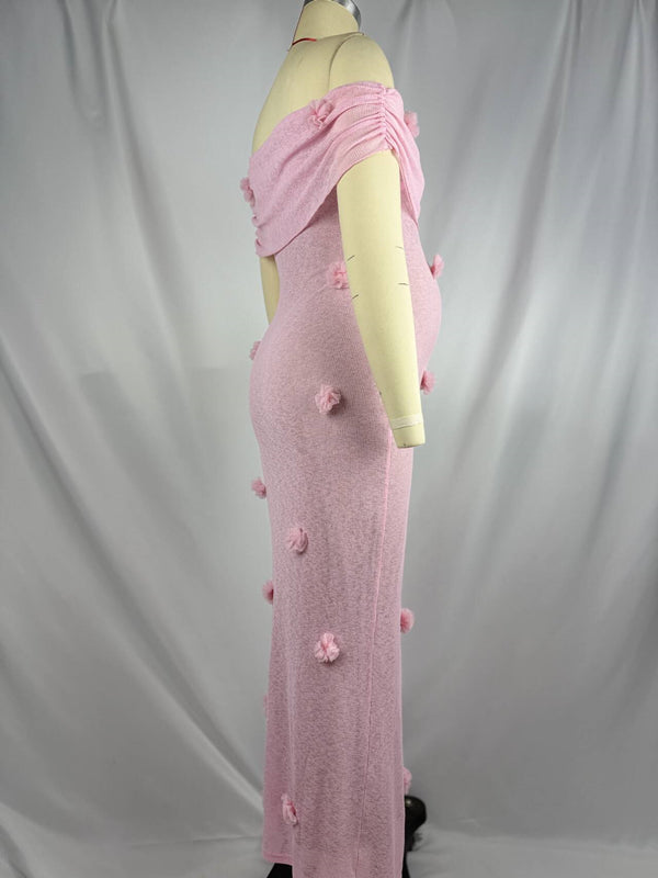 Beaumama robe longue grossesse cérémonie chic babyshower épaule dénudée tulle 3D fleurie photo moulante femme enceinte