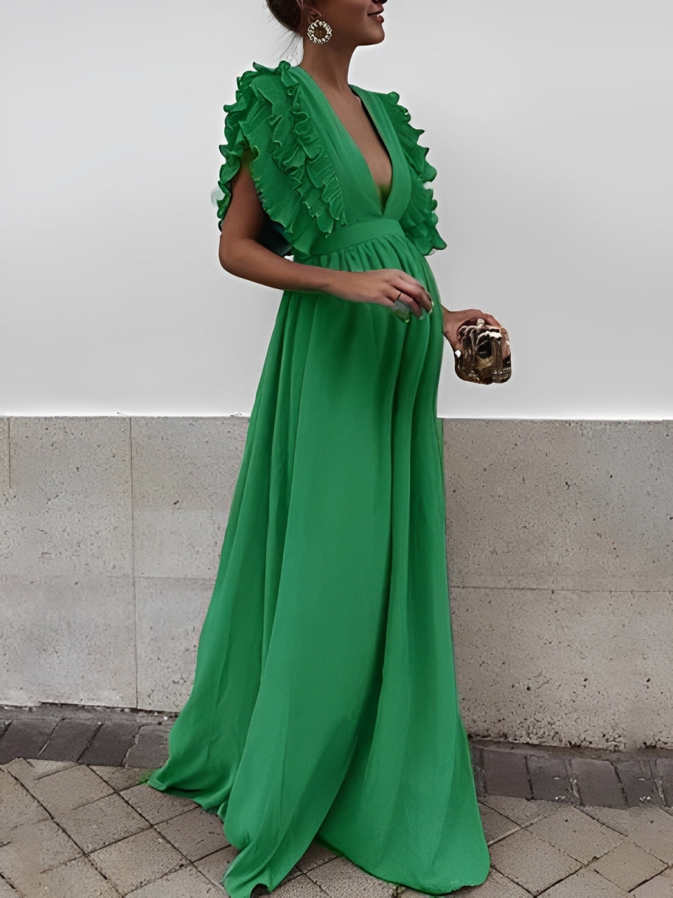 Beaumama robe longue de grossesse dos nu fluide volantée V-cou soirée femme enceinte