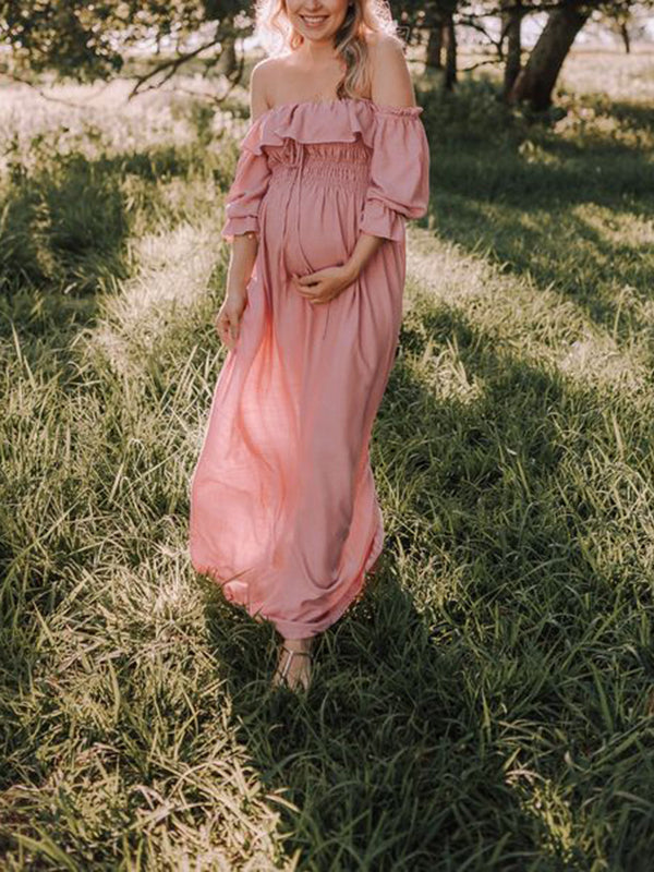 Beaumama robes photo longue grossesse élégant baby shower volants coulisse taille fluide femme enceinte