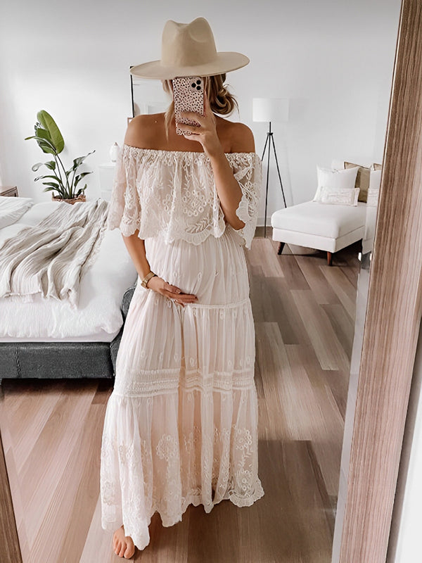 Beaumama robes longue grossesse photoshoot dentelle épaules dénudées bohème femme enceinte