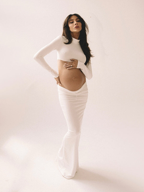 Beaumama robes photo longue grossesse élégant costume deux pièces plissé moulante baby shower femme enceinte