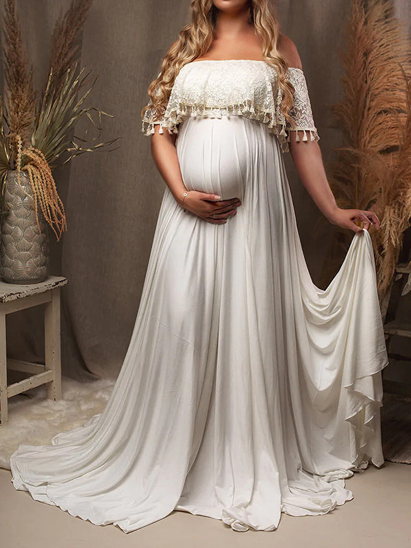 Beaumama robes photo longue grossesse élégant enceinte shooting dentelle volants frange fendu le côté queue femme enceinte