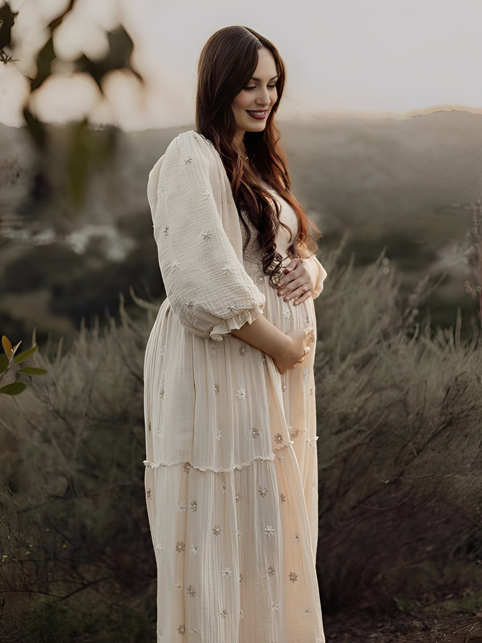 Beaumama robes longue grossesse bohème imprimé fleurie volants fluide enceinte shooting femme enceinte